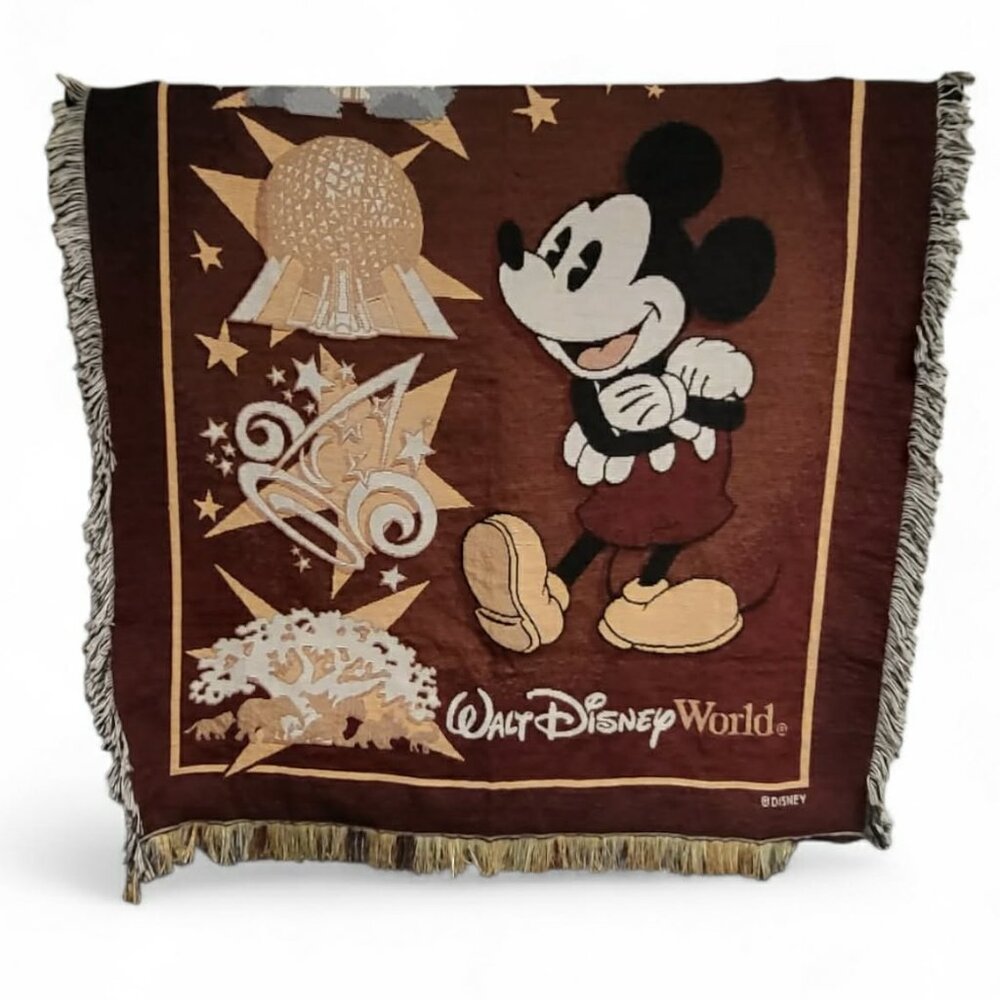 Walt Disney World Mickey Mouse Throw Blanket Tapestry Magic Kingdom Epcot Vtg